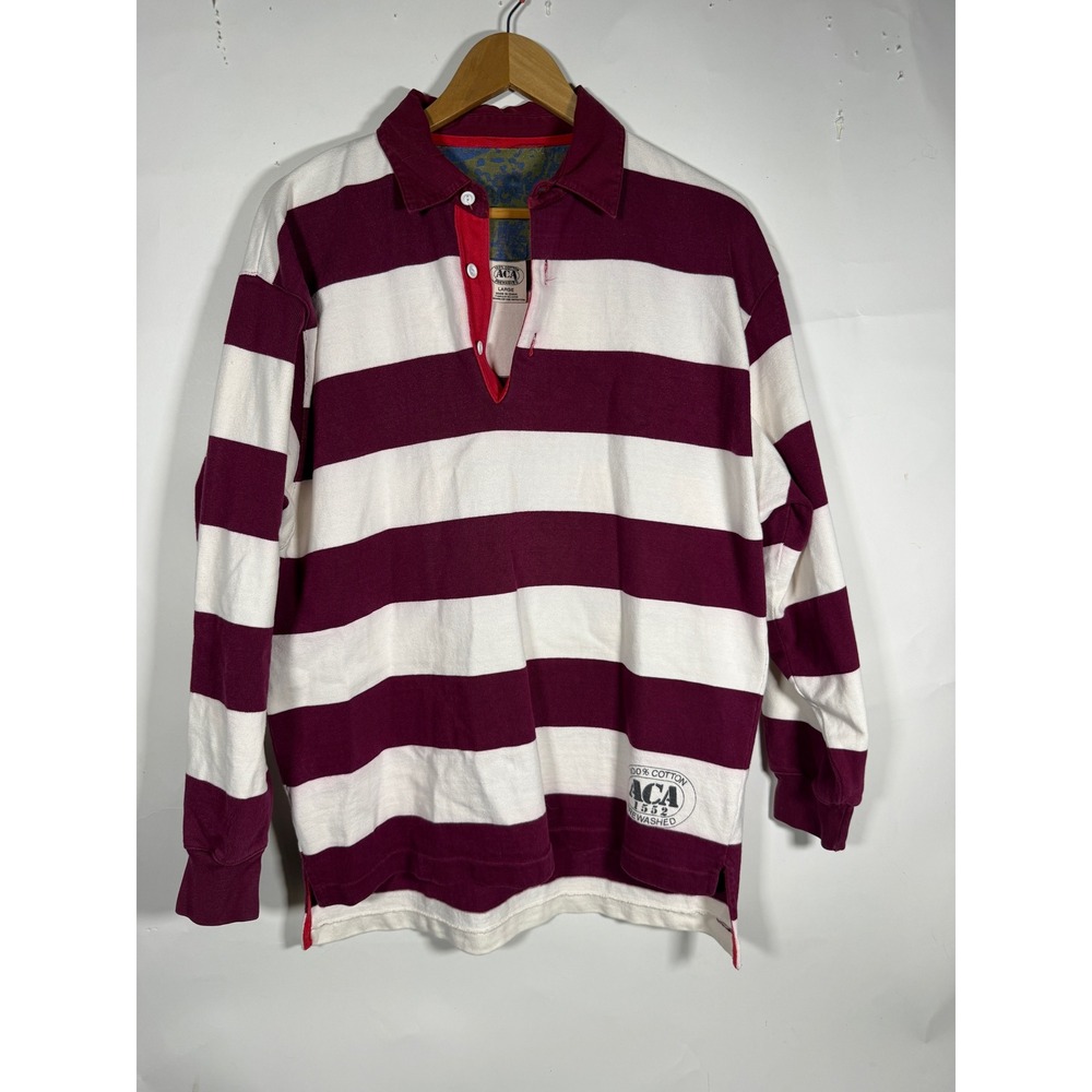 Vintage ACA Mens Large Burgundy White Striped Long Sleeve Rugby Shirt Cotton